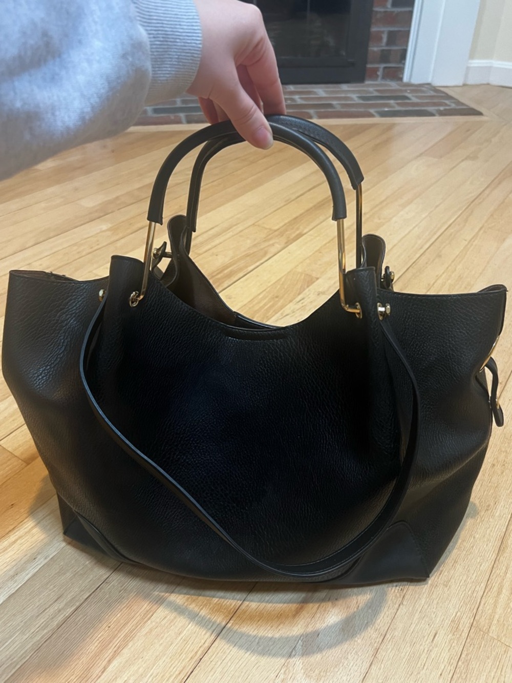 Sondra Roberts Squared - Vegan Black Leather Tote Bag w/ Brown Suede Inner Bag